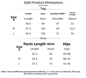 Detailed size chart for women's jacquard lounge set showing S, M, and L measurements in CM