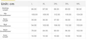 Tableau des tailles détaillé pour ensemble de détente femme avec mesures du L au 4XL