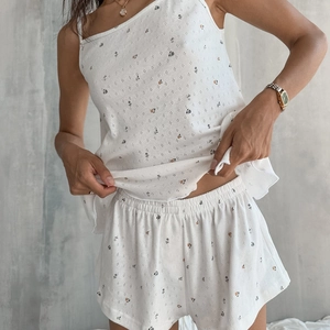 White floral knit pajama set for women with spaghetti strap top and elastic shorts