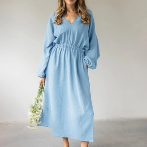 Accappatoio da Donna in 100% Cotone a Maniche Lunghe Abito da Casa Morbido Traspirante Increspato Scollo a V Spacco Laterale