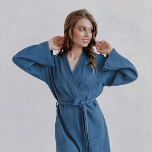 Elegant navy blue cotton robe with waffle texture and adjustable belt closure