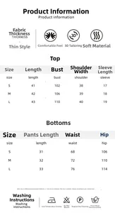 Detailed size chart for pink lounge set showing measurements for tops and bottoms