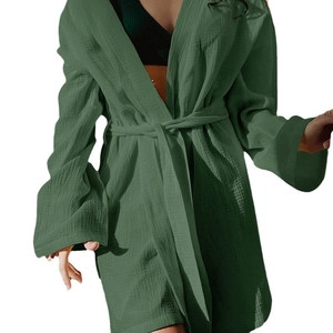 Forest green cotton robe for women with long flare sleeves and waist tie belt