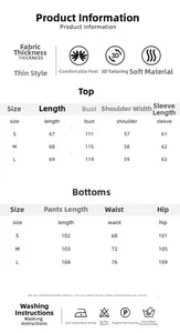 Detailed size chart for women's short sleeve loungewear set with fabric care instructions