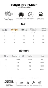 Size chart for ruffle tie long sleeve skirt pajama set showing top and bottom measurements