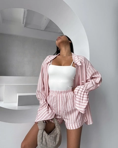 Three-piece striped pajama set with long-sleeved shirt, high-waist shorts and white camisole
