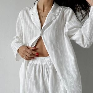 Casual Cotton Vertical Stripe Long Sleeve Shirt And Shorts Pajama For Women Breathable Comfort Sleepwear Homewear