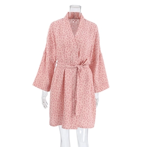 Pink leopard print women cotton bathrobe with V-neck and belt for lounge wear