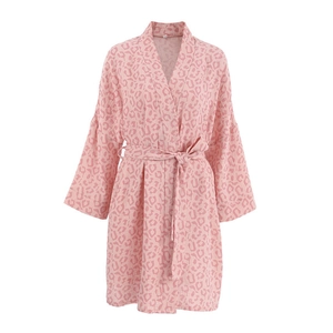 Pink leopard print cotton bathrobe for women featuring a long-sleeve waist-tie design