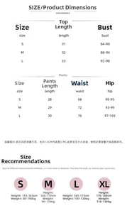Size chart for lace pajama sets showing measurements for tops and shorts in S to L