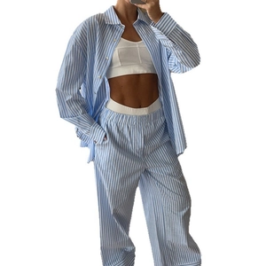 Blue and white striped 3-piece loungewear set with long sleeve shirt and pants