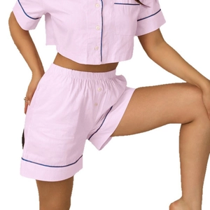 Pink striped short sleeve crop shirt and shorts two-piece loungewear set with blue piping