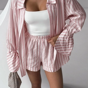 Women's Casual Striped Pajama Set Lapel Long Sleeve Shirt And Shorts Two Piece Lounge Wear Home Outerwear Outfits