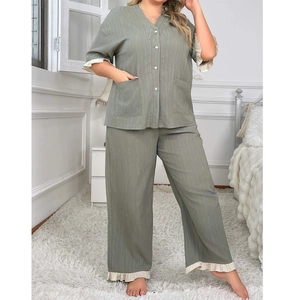 Women Plus Size Pajama Set V-Neck Short Sleeve Button Down Top And Long Pants Seersucker Crepe Textured Home Service With Ruffles