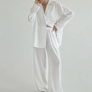 Vêtements Détente Décontractés Coton Lin Femme Haut Cardigan Revers Manches Longues Et Pantalon Large Taille Haute Pyjama