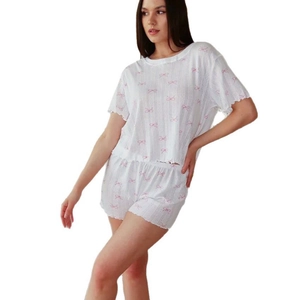 Ensemble pyjama d'été pour femmes avec motifs nœuds roses, haut manches courtes et short