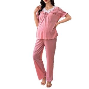 Pink maternity pajama set with short sleeve lace V-neck top and long pants