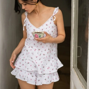 Pyjama Femme Caraco Et Short Floral Point Suisse Coton Dentelle Bretelles Nouer Top Volants Bas Homewear