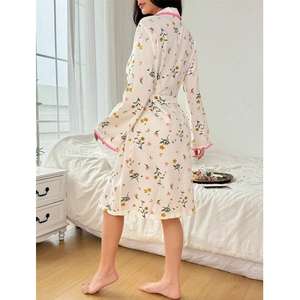 Floral print long sleeve cotton bathrobe for women with pink wavy lace trim and waist tie