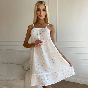 Nuisette d'Été en 100% Coton Imprimé pour Femmes Motifs Cœurs Floraux Ourlet à Volants Vêtement de Détente Décontracté Sans Manches