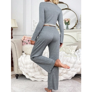 Elegant grey ribbed knit pajamas set with lace trim and wide-leg pants for women