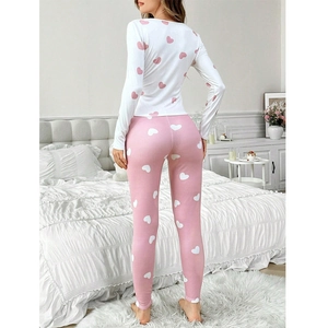 Women's V-neck lace pajama set with pink heart print, long sleeve thermal homewear