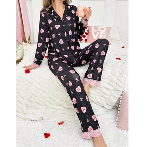 Women's European Style Heart Printed Pajama Set Long Sleeve Top And Bottom Sweet Lace Trim Loungewear For Autumn Winter