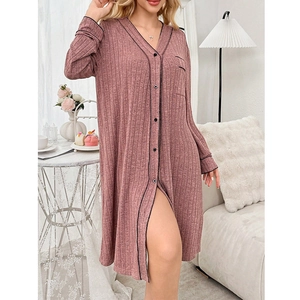 Detail of V-neck striped knit sleepshirt with contrast piping and front buttons