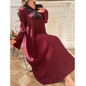 Elegant wine red long sleeve nightgown with black lace V-neck and ruffled cuffs