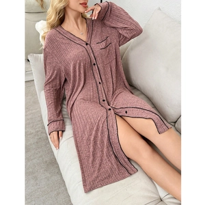 Detail of V-neck long sleeve striped nightgown in dusty rose with black trim decoration