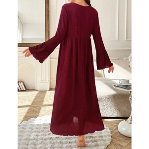 Elegant long sleeve wine red nightgown with lace trim and bell sleeves for women