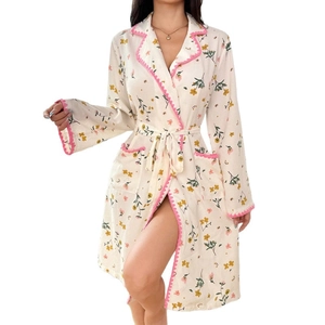 Floral long sleeve bathrobe with pink lace trim and waist tie for women's home wear