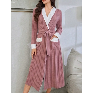Pink knit robe with white faux fur trim and belt for cozy autumn winter loungewear