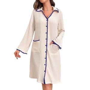 V-neck lapel cardigan nightgown with contrast scalloped trim and button-front details