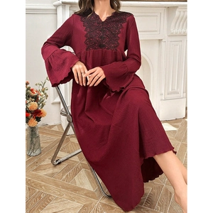 Vintage Wine Red Nightgown For Women Lace V Neck Flare Sleeve Ankle Length Textured Lounge Dress Comfortable Sleepwear