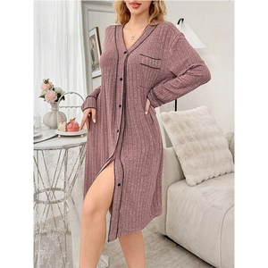 Women's V-neck long sleeve button-up striped nightgown with decorative black trim