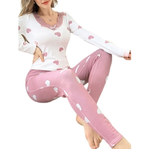 Women's V-neck lace pajamas set with pink heart print and white long-sleeved top