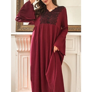 Deep wine red women's long sleeve lace nightdress with ruffled texture and v-neck