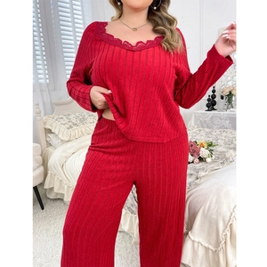 Red ribbed long sleeve pajama set for women with delicate lace trim V-neckline