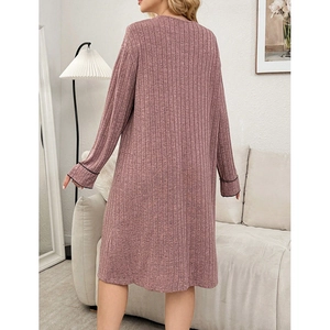 Back view of a ribbed knit long sleeve lounge dress in dusty rose with black sleeve trim