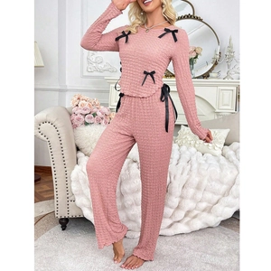 Sweet Bow Women's Pajama Bubble Texture Round Neck Long Sleeve Top And Bottom Coral Pink Loungewear