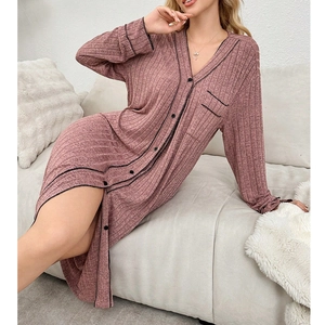 Women's V-neck ribbed knit long sleeve button-up sleepwear dress in heather pink stripe