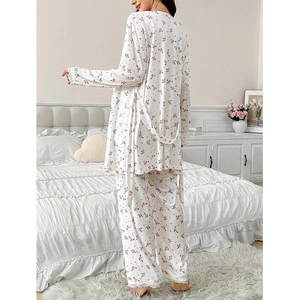 Three-piece floral pajama set with lace trim and matching robe for comfortable loungewear