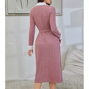 Pink striped knit lounge robe with white lapels and waist tie for cozy home wear
