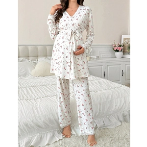 Three-piece floral maternity pajama set with lace trim and adjustable tie waist design