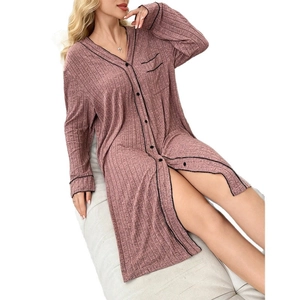 Women's V-neck long sleeve striped nightgown in dusty rose with black button details