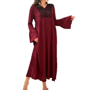Elegant wine red lace nightgown with flare sleeves and pleated texture long dress