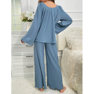 Women's grey-blue waffle knit pajama set with long sleeve top and wide leg pants