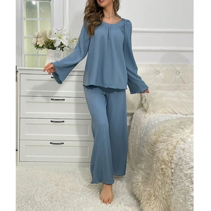 Women's crewneck long sleeve pajama set in ribbed morandi blue fabric with wide leg pants