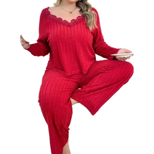 Women's red lace trim ribbed pajama set featuring V-neck long sleeve top and loose pants
